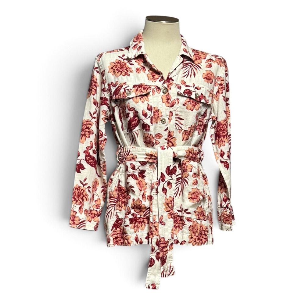 Rachel Zoe Linen Long Sleeve Belted Blouse Top Cream Red Floral Small